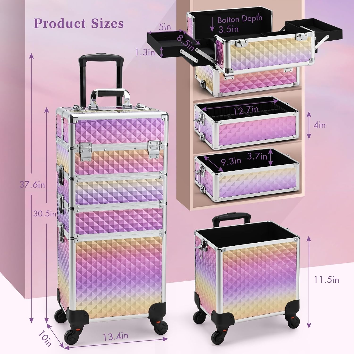 Yueieoun Makeup Case on Wheels, Rolling Train Case, 4-in-1 Makeup Trolley, Cosmetic Cases Makeup Travel Cart with Key for MUA, Hairstylists, Nail Tech, Gradient Purpple