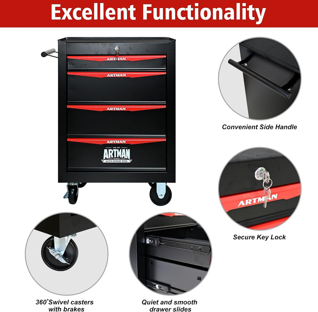 4 Drawers Tool Cart on Wheels, Multifunctional Rolling Tool Chest, Drawers Mobile Trolley Organizer Heavy Duty Tools Box with Locking Wheels & Ball Bearing Drawers (Black, 4 Drawers)