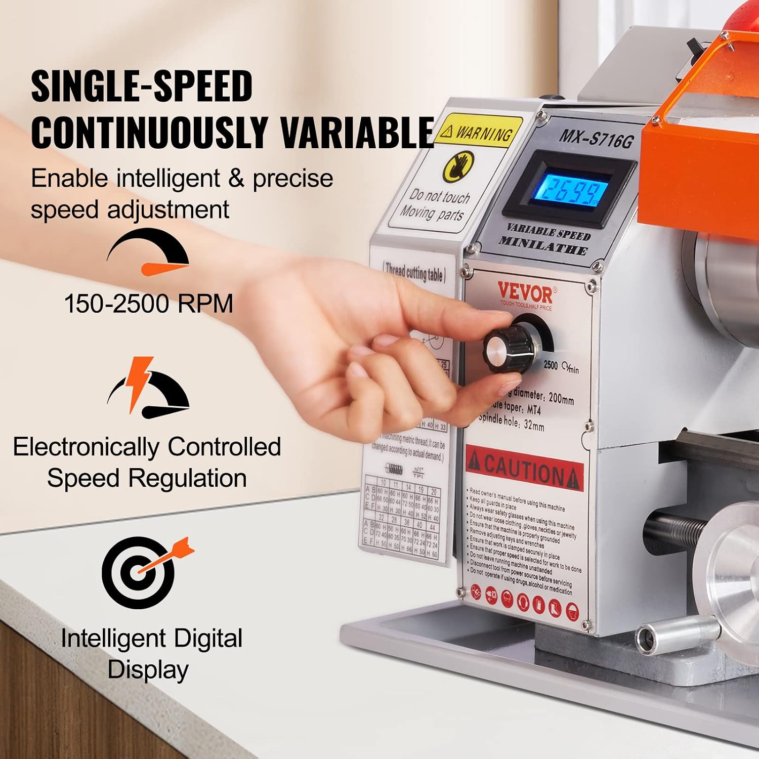 VEVOR 7'' x 16'' Metal Lathe Machine, 800W Precision Benchtop Power Metal Lathe, 150-2500 RPM Continuously Variable Speed, with 3.9'' 3-jaw Metal Chuck Come with Tool Box