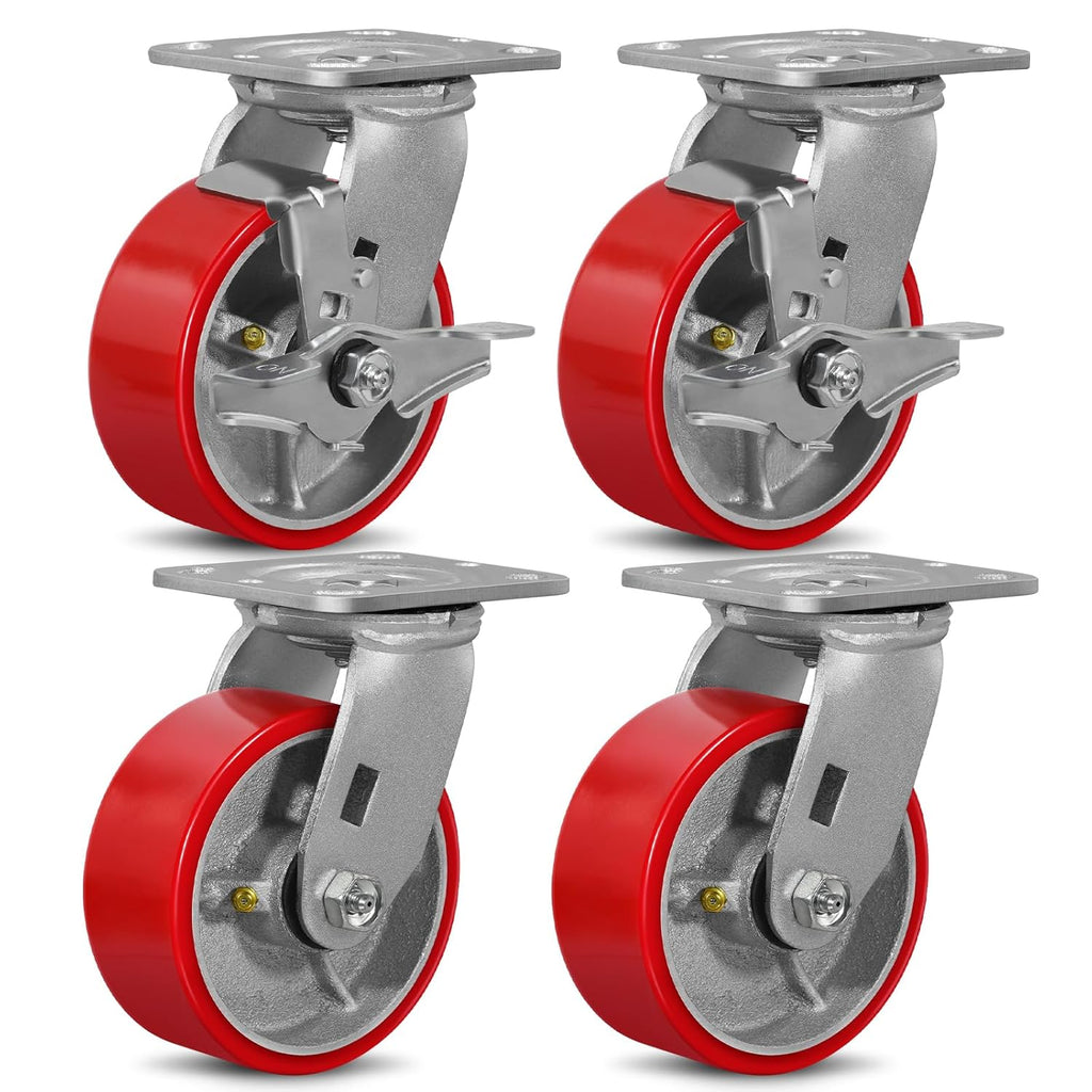 5' X 2' Industrial Plate Swivel & Brake Caster Wheels Set of 4 Heavy Duty,Load Capacity 4000lbs, No Noise Polyurethane Wheel on Steel Hub for Toolbox Workbench