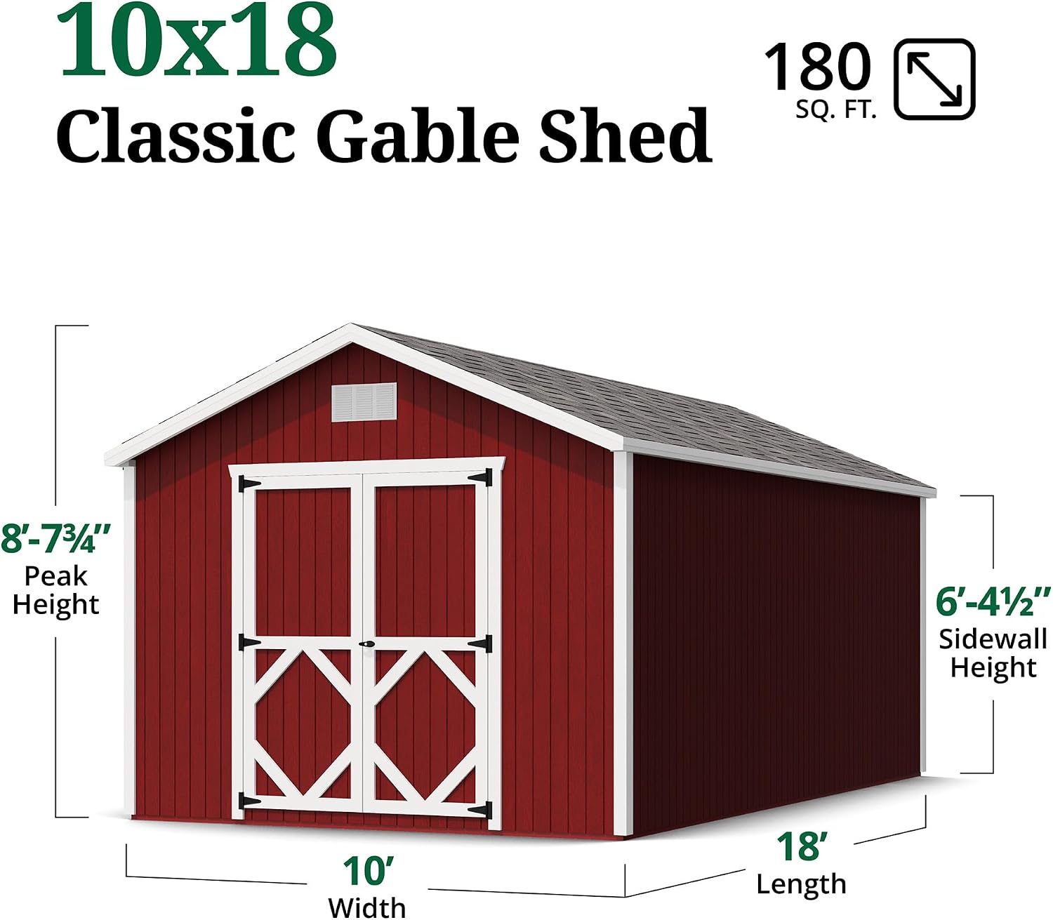 Little Cottage Co. 10x18 Classic Gable Shed with Floor, Outdoor Wood Storage Do-It-Yourself Precut Kit