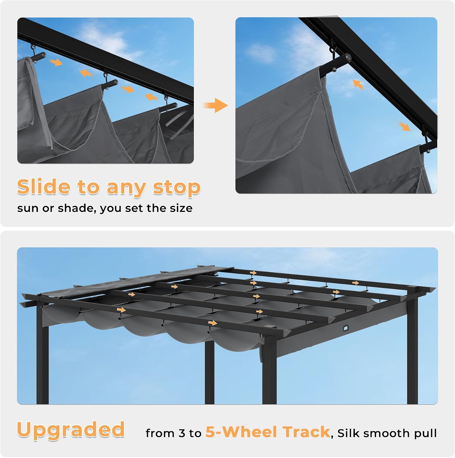 HAPPATIO 10' X 13' Retractable Pergola with Sun Shade Canopy, Patio Aluminum Frame Shelter for Backyards, Gardens, Porch, Includes Ground Studs and Expansion Screws (Grey)