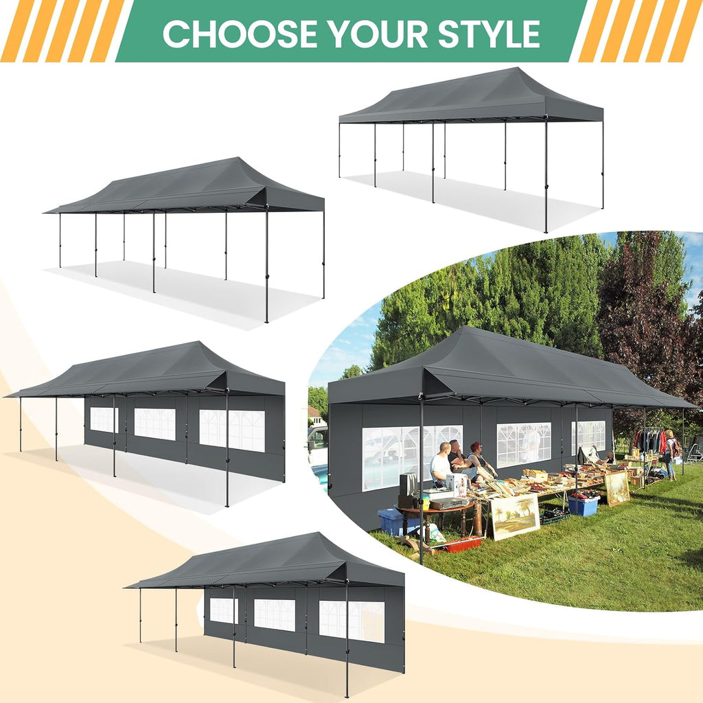 COBIZI 10x30 Pop Up Canopy Tent with Awning & Sidewalls, Heavy Duty Commercial 10X30 Canopy Tents Instant Waterproof, UPF 50+ Sun Shade for Outdoor, Parties, Markets (Gray)