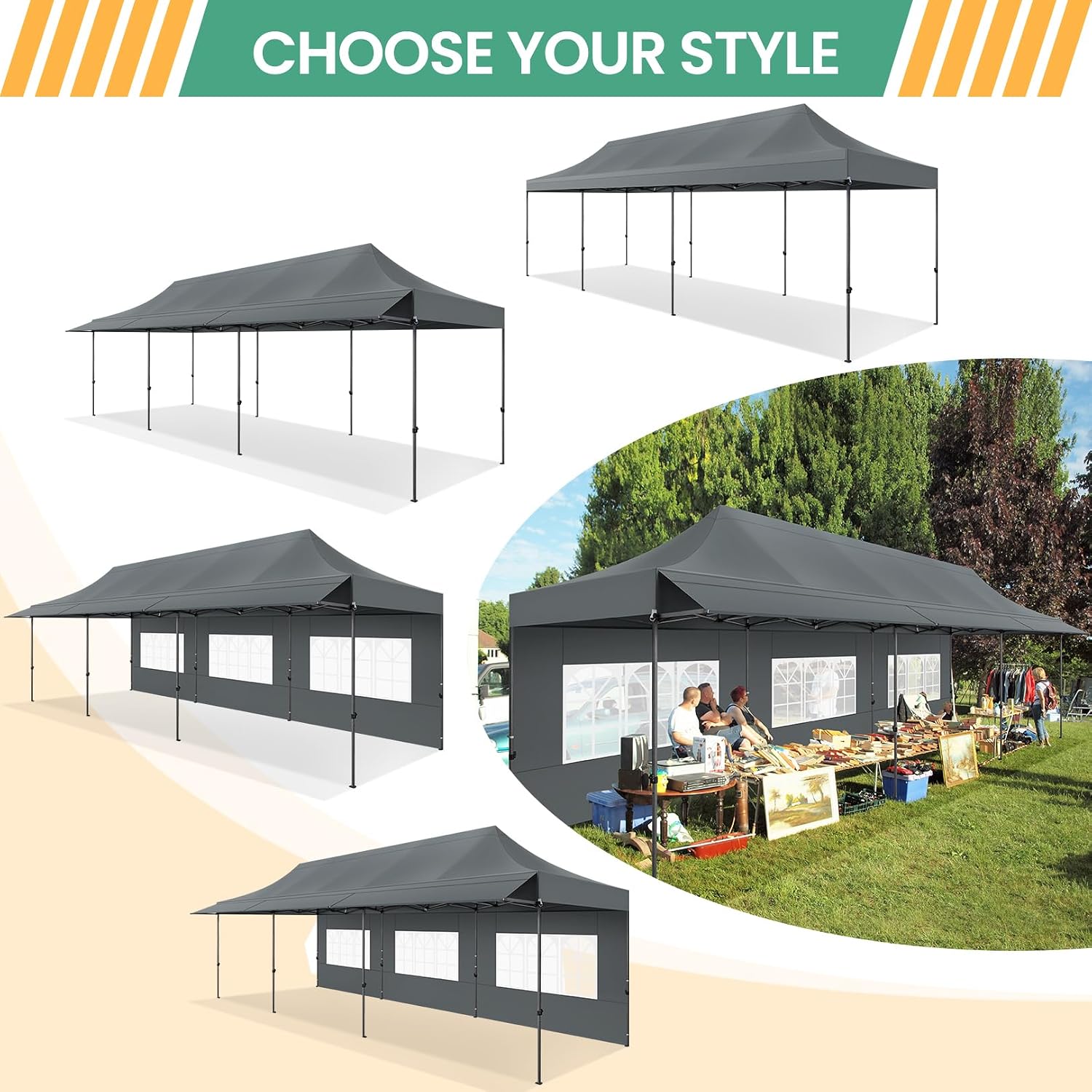 COBIZI 10x30 Pop Up Canopy Tent with Awning & Sidewalls, Heavy Duty Commercial 10X30 Canopy Tents Instant Waterproof, UPF 50+ Sun Shade for Outdoor, Parties, Markets (Gray)