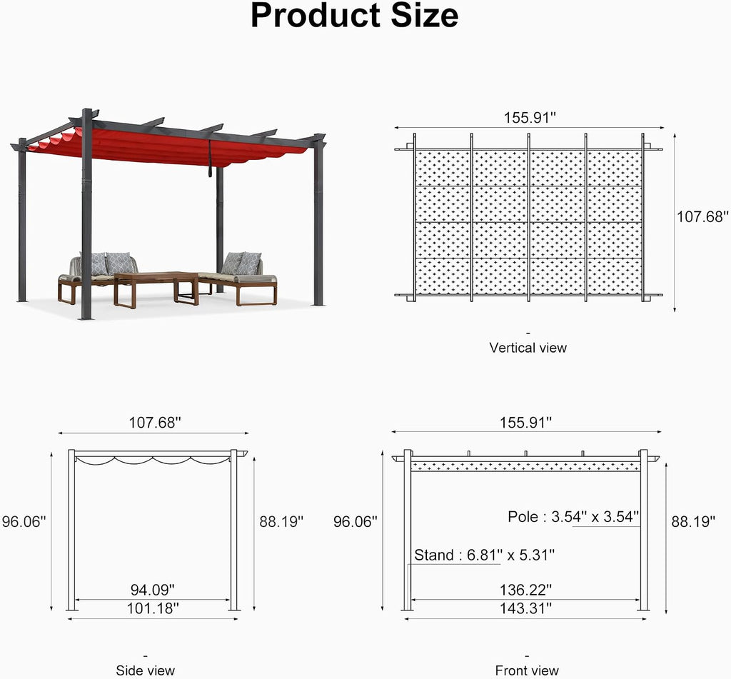 PURPLE LEAF 9.5' X 13' Outdoor Retractable Pergola Against The Wall with Shade Canopy Patio Aluminum Shelter for Porch Garden Pavilion Grill Gazebo Modern Backyard Metal Grape Trellis Pergola, Terra