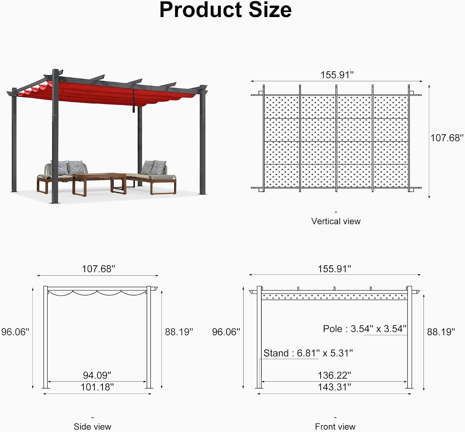 PURPLE LEAF 9.5' X 13' Outdoor Retractable Pergola Against The Wall with Shade Canopy Patio Aluminum Shelter for Porch Garden Pavilion Grill Gazebo Modern Backyard Metal Grape Trellis Pergola, Terra