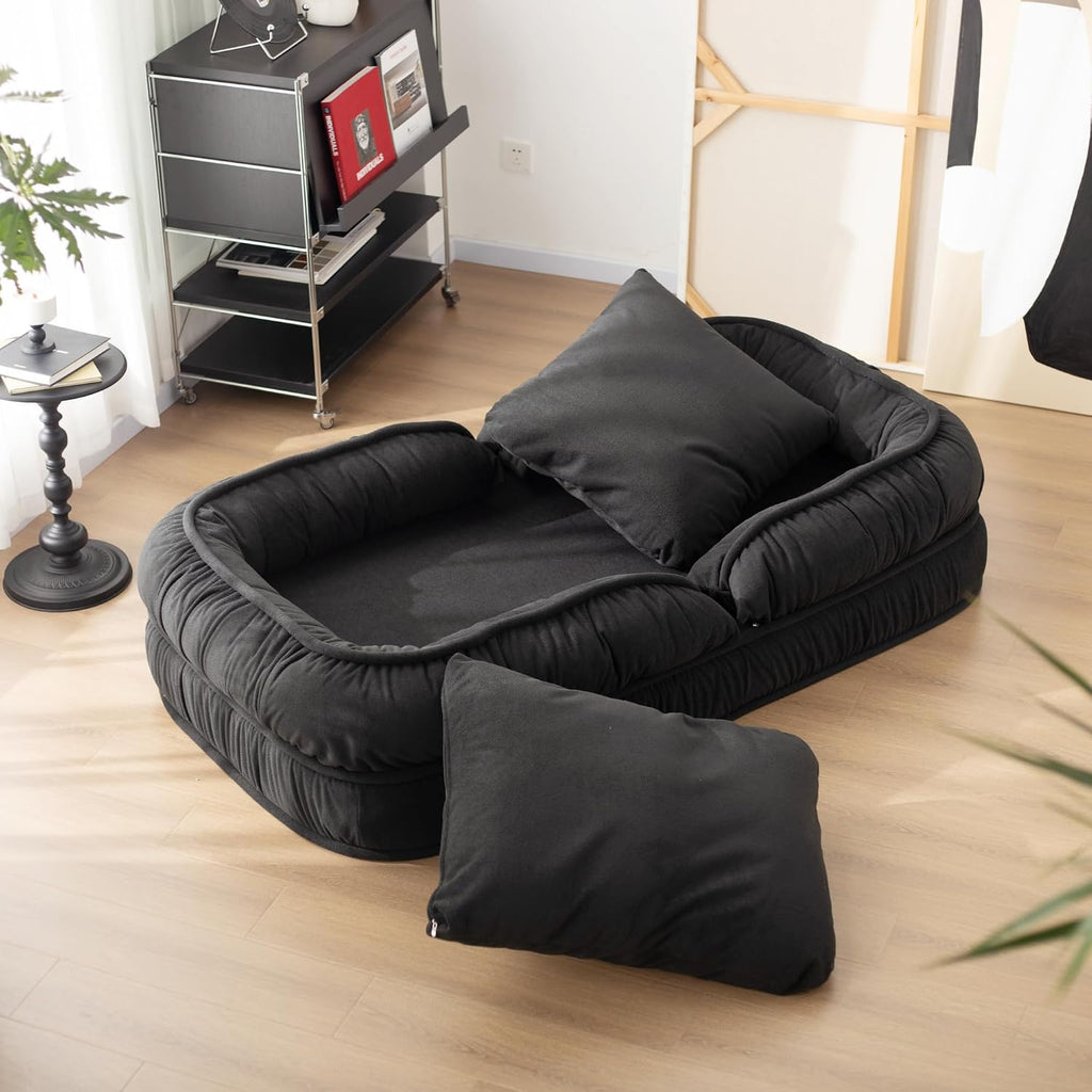LouannTatami Foldable Lazy Sofa Bed Floor Chair - Adjustable Human Dog Bed for Adults Kids Floor Seats - Cozy Small Couch for Home Living Room(Black)