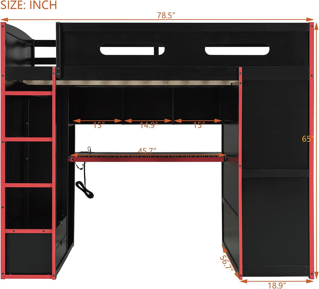 Full Size Gamer Loft Bed with Built-in Desk, RGB Lighting, USB Port & Storage, Gaming Bed with Wardrobe, Drawers for Kids, Teens, Adults (Red/G)