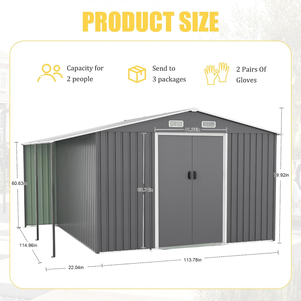 10x12 FT Outdoor Storage Shed with Sliding Lockable Doors&Windows, Extra Large Metal Shed with Dual-Zone Design, Galvanized Steel Utility Shed for Garden, Backyard,Tool Storage (Dark Gray, 10×12 FT)