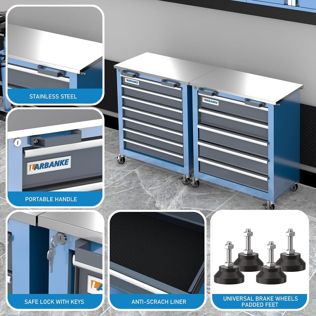 LARBANKE Metal Storage Cabinet System with Lock and Keys,Storage Cabinet System with 3 Wall Cabinet,One 5-Drawer Tool Chest and One 7-Drawer Tool Chest,Universal Brake Wheel &Padded Feet Attached