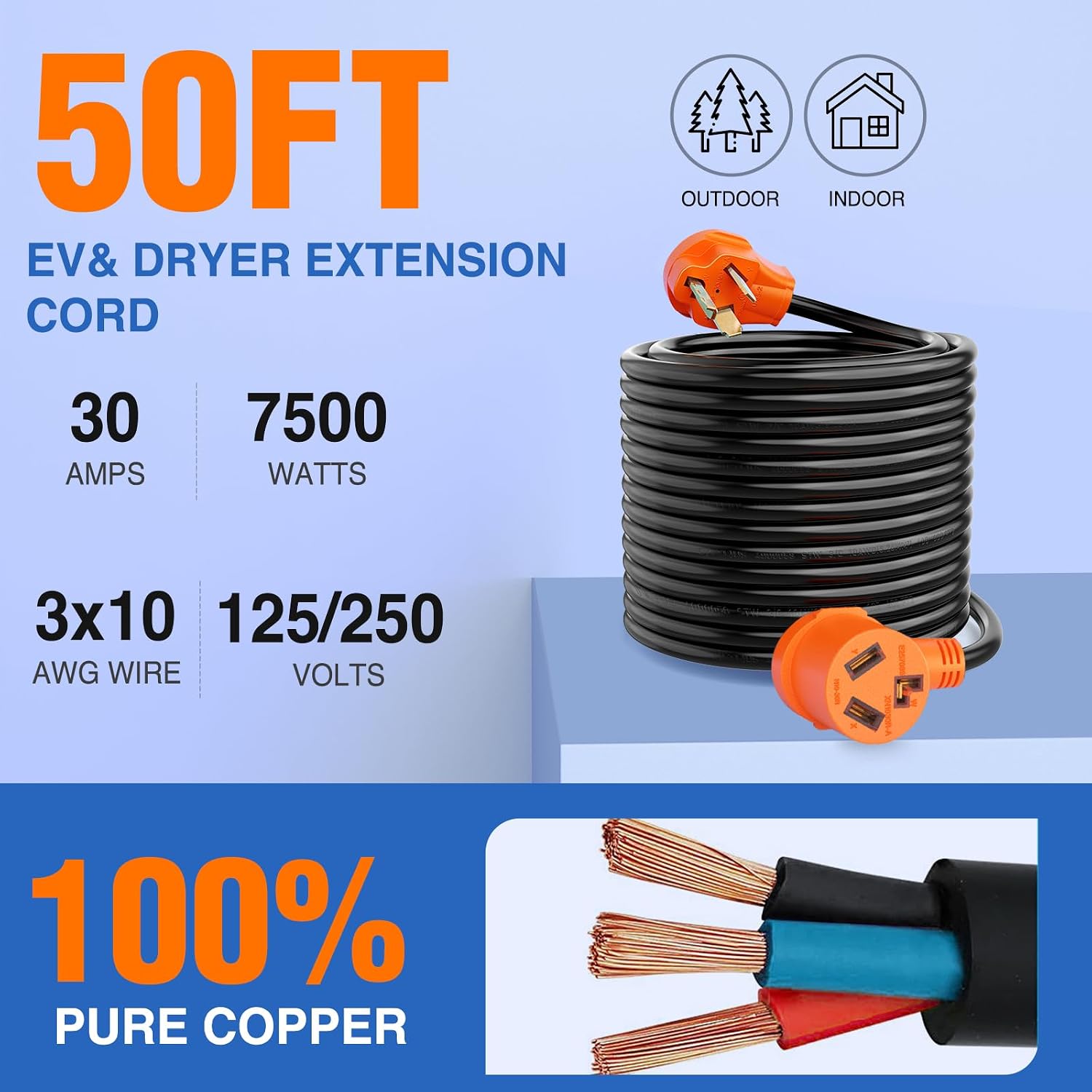 Nilight 50FT EV Dryer Extension Cord 3 Prong 30 Amp NEMA 10-30P 10-30R Old Extensions Cable Heavy Duty 10 Gauge Pure Copper Wire UL Listed 125/250V for Level 2 Using