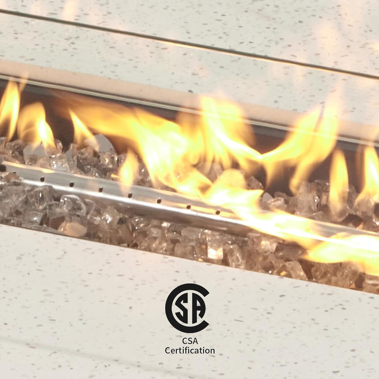 COSIEST Outdoor Propane Fire Pit Table, 56' x 28' Rectangle Terrazzo White Concrete-Like Finish, Certified, 50,000 BTU Stainless Steel Burner w Transparent Gray Fire Glass, Wind Guard, Raincover