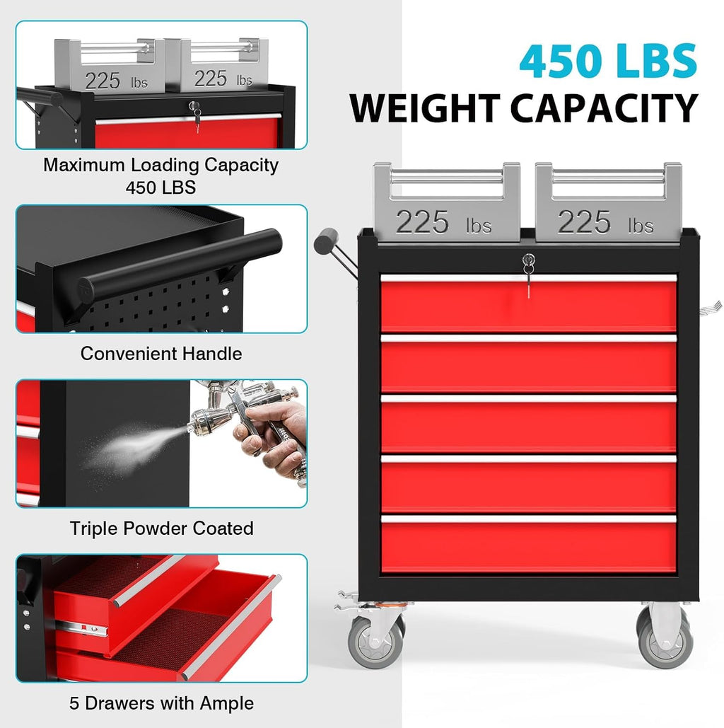 5 Drawers Rolling Tool Box, Portable Storage Tool Chest with Wheels, Rolling Tool Box with Lock for Warehouse, Garage, Repair Shop and Tool Room
