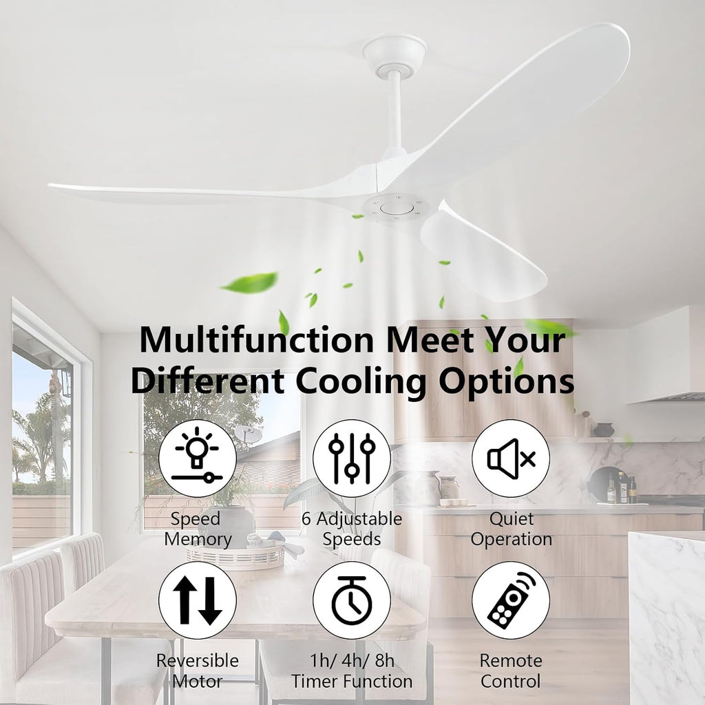 60'' Outdoor Ceiling Fan without Light,Quiet and Large Airflow with Speed Memory Function,White Ceiling Fan no Light for Living Room,Bedroom,Porch
