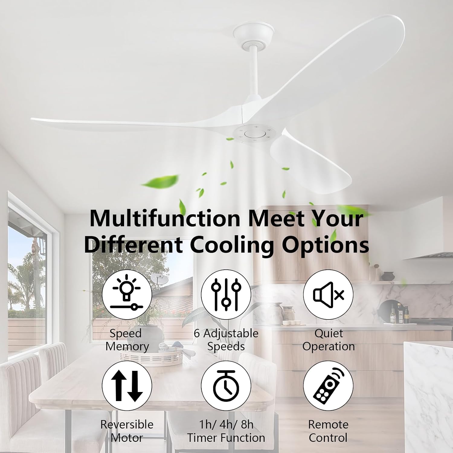 60'' Outdoor Ceiling Fan without Light,Quiet and Large Airflow with Speed Memory Function,White Ceiling Fan no Light for Living Room,Bedroom,Porch