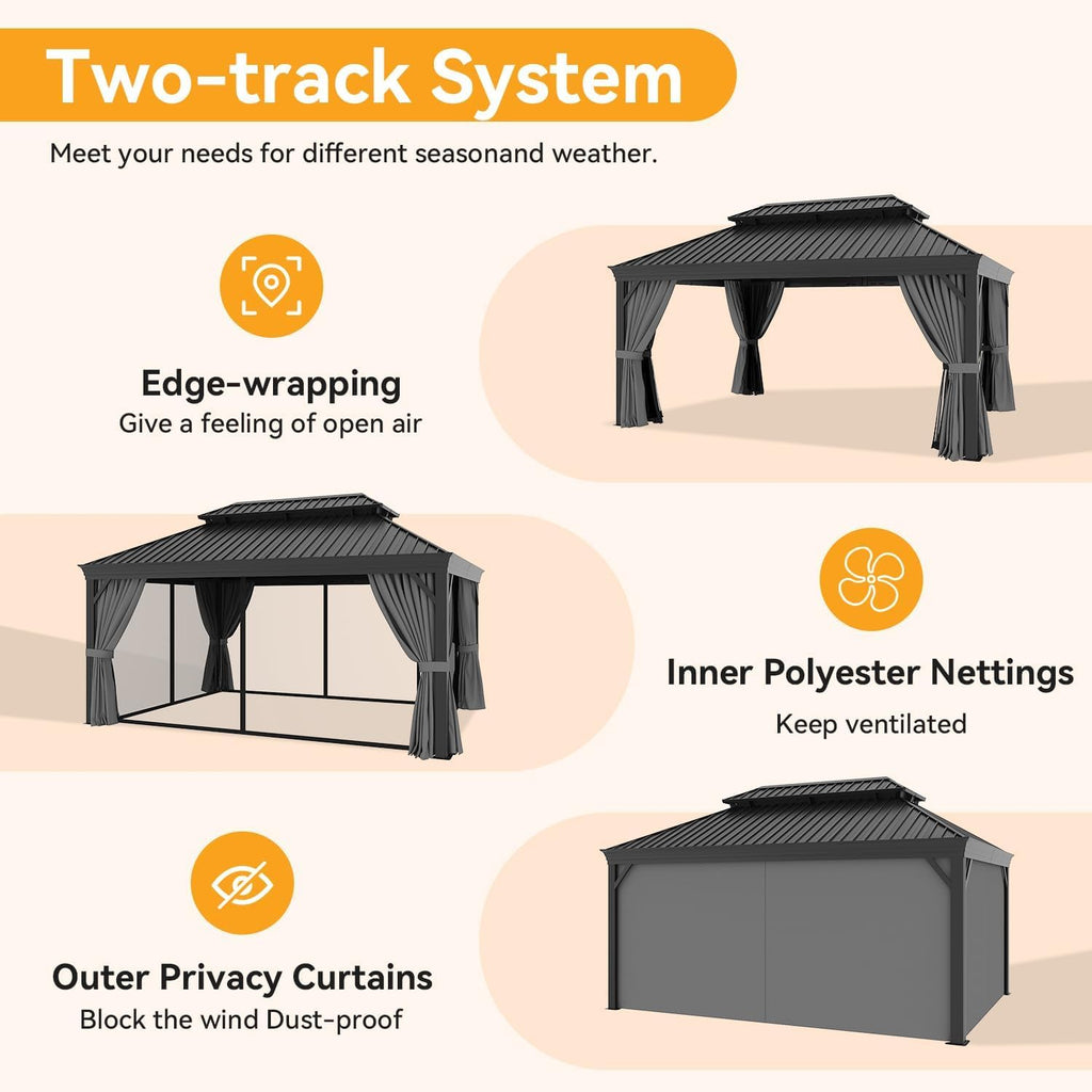 Hardtop,12x16 Gazebo with Gray Mosquite Netting, Hardtop Gazebo with Galvanized Steel Roof for Gardens, Deck, Lawns