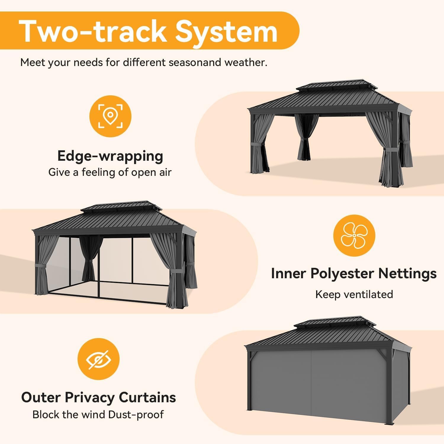 Hardtop,12x16 Gazebo with Gray Mosquite Netting, Hardtop Gazebo with Galvanized Steel Roof for Gardens, Deck, Lawns