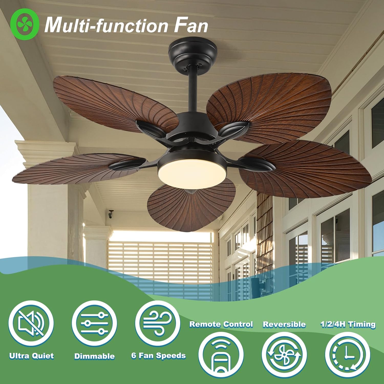 42-INCH Tropical Outdoor Ceiling Fan with Dimmable LED Light & Remote - Damp-Rated Palm Leaf Blades | Ultra Quiet DC Motor | 6 Speeds ideal for Patio Gazebo