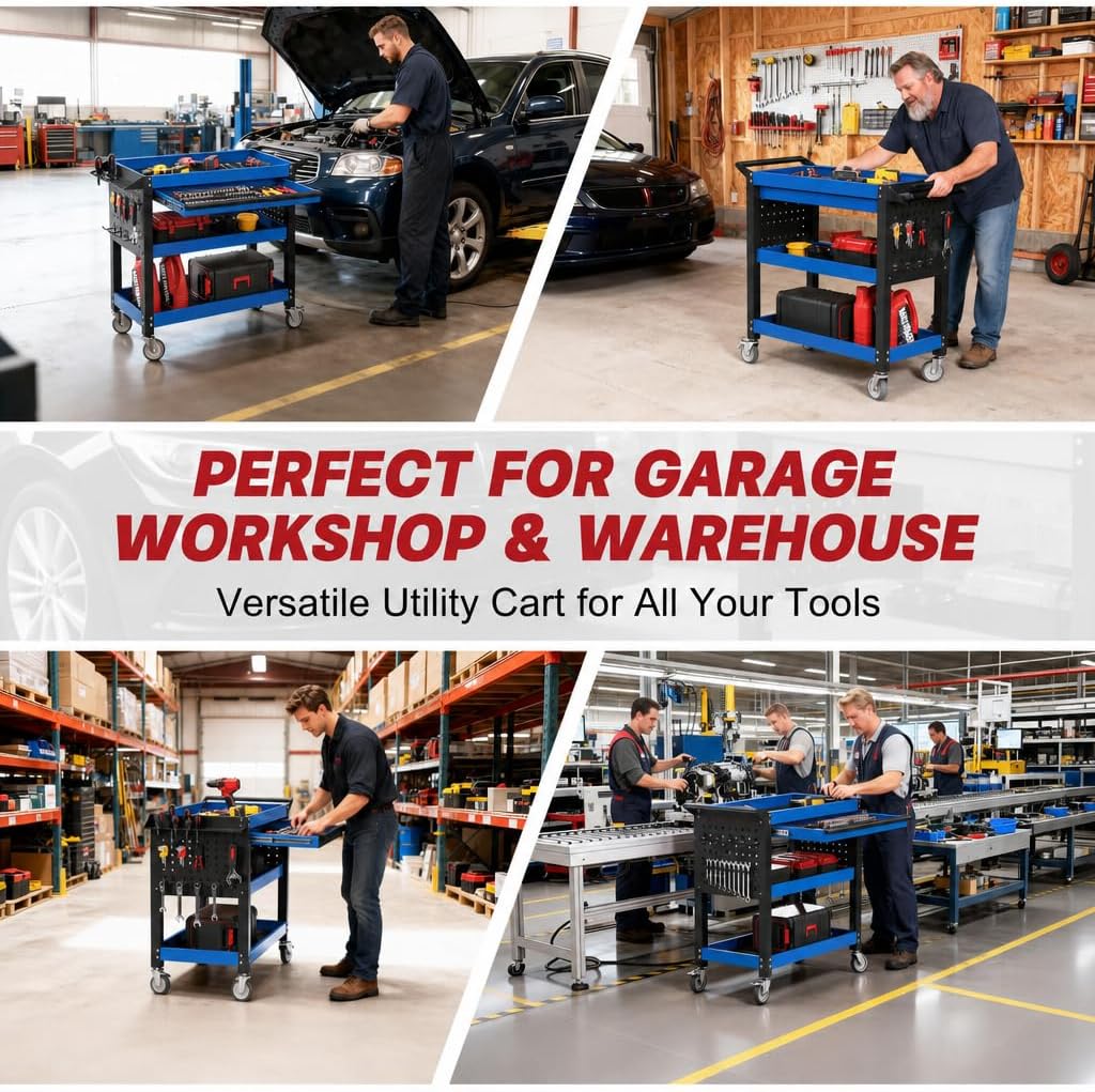 3 Tier Tool Cart on Wheels, Heavy Duty Metal Rolling with Drawers and Pegboards, 660 LBS Load Capacity Tool Storage Cart, Industrial Utility for Garage, Warehouse, Workshop, Blue Black