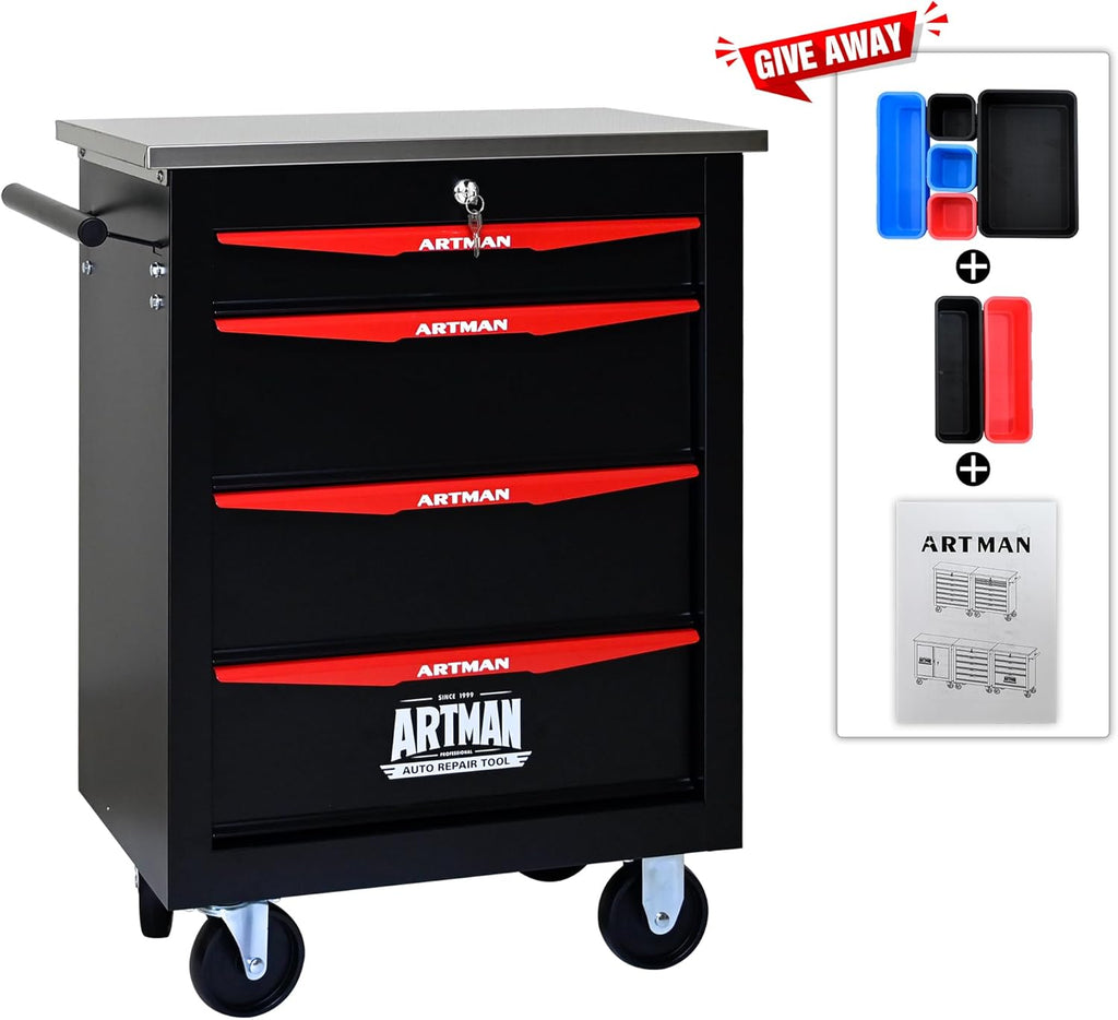4 Drawers Tool Cart on Wheels, Stainless Steel Countertop Multifunctional Rolling Tool Storage Chest, Drawer Rolling Trolley Organizer Tool Box for Garage,Workshop(4 Drawers-Black)