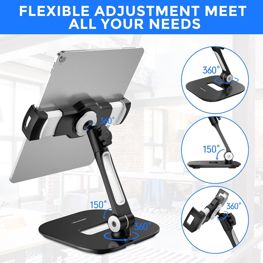 AboveTEK Tablet Stand Holder, Stylish Aluminum iPad Stands, Foldable 360° Swivel Table Stand Holder fits 4-11' Tablets/Smartphones for Kitchen Bedside Office POS Showroom Reception (Black) (Pack of 3)