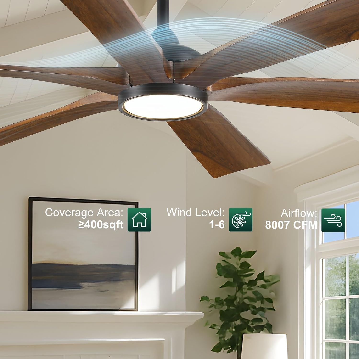 60 Inch Indoor Outdoor Ceiling Fan with Light and Remote - Modern Farmhouse Style, 6 Solid Wood Blades, High CFM Quiet Reversible Energy Efficient DC Motor, Damp-rated for Patios Porch Gazebo Garage