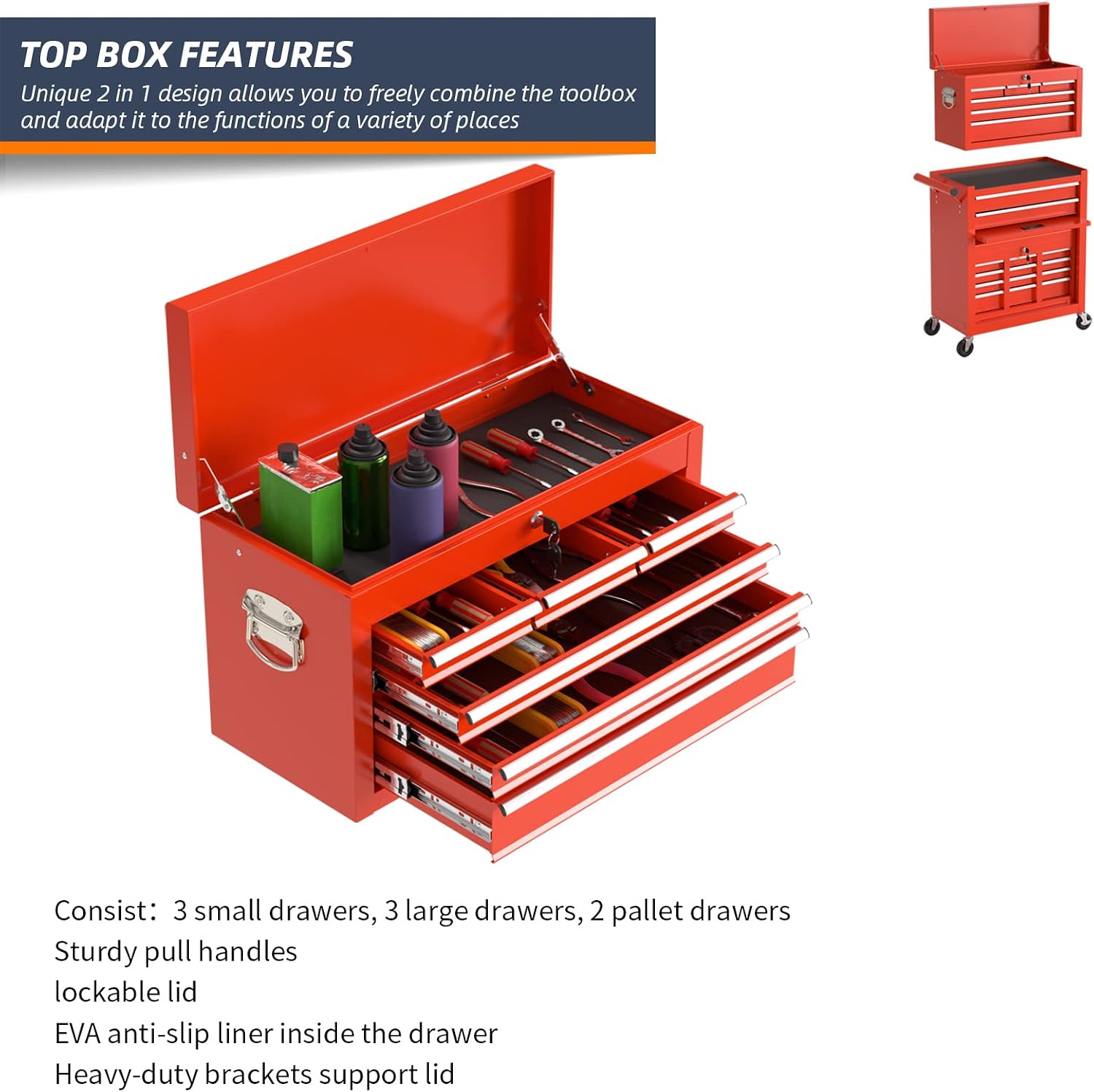 8-Drawer Rolling Tool Box, Lockable Rolling Tool Chest with Wheels and Drawers, 2 in 1 Large Capacity Storage Tool Cabinet for Warehouse, Garage, Tool Room and Repair Shop (Red)