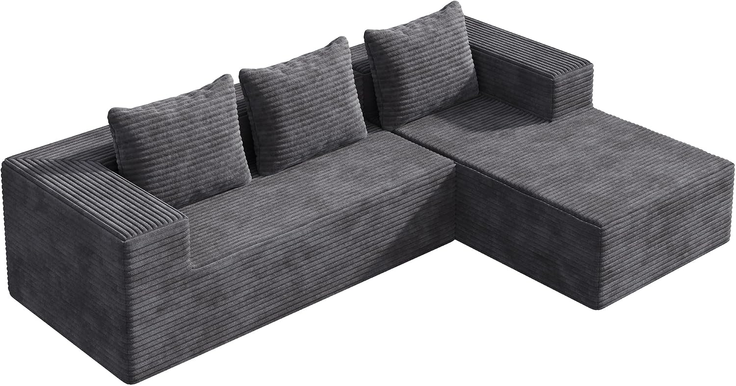 WLIVE 104'' Cloud Sectional Couches for Living Room, Modular Boneless Couch with Left Facing Chaise, L Shape Memory Foam Corduroy, with Cushion, Grey