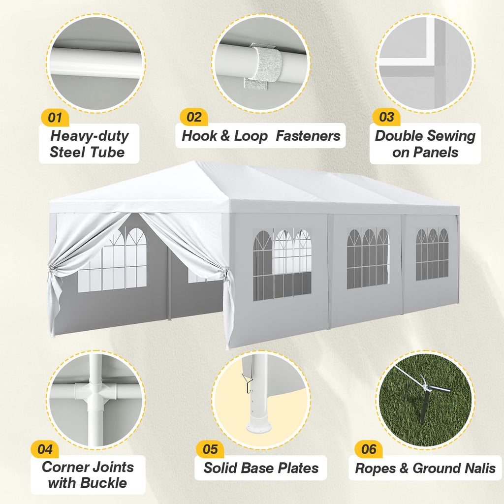 Greesum 10x30 Outdoor Canopy Tent Patio Camping Heavy Duty Gazebo Shelter Party Wedding BBQ Events with Side Removable Walls, Waterproof Shelter, White
