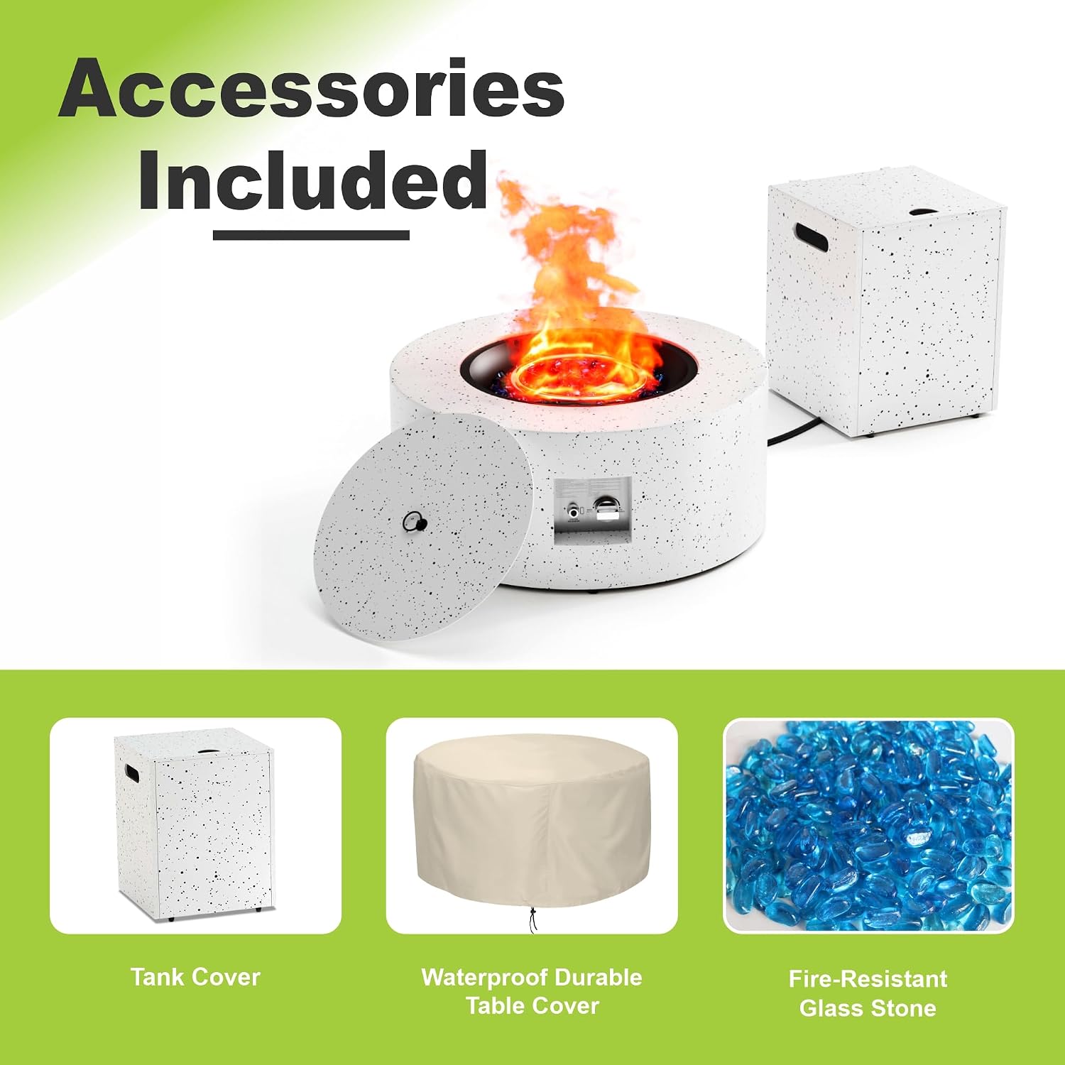 2-Piece 30' Round Propane Fire Pit for Outside Patio with Hidden Tank Table, 50,000 BTU Fireplaces with Lid, Glass Rocks, Cover(Speckled White)