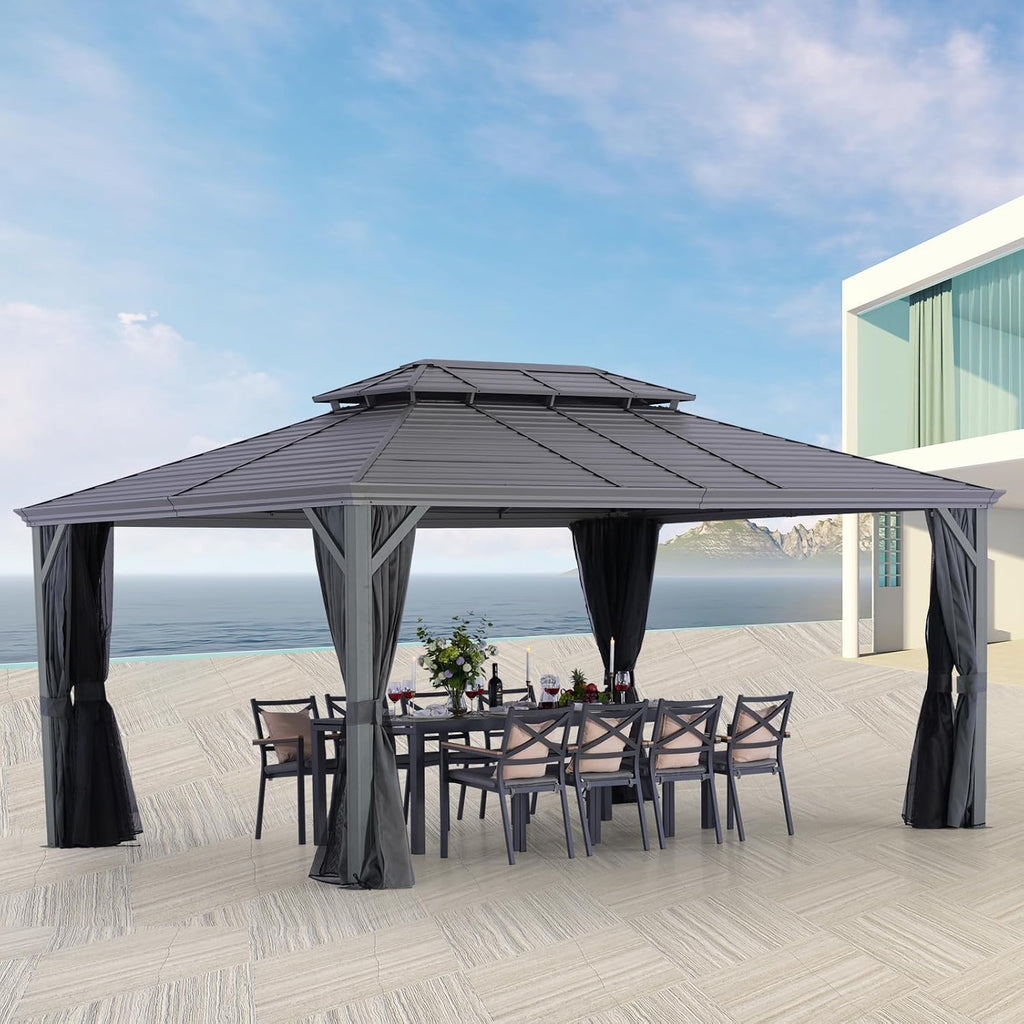 LeDoasis Nova 12' X 16' Hardtop Gazebo with Breathable Netting & Privacy Curtain, Permanent Hard top Metal Canopy Gazebo with Galvanized Steel Double Roof, for Patio Lawn and Garden