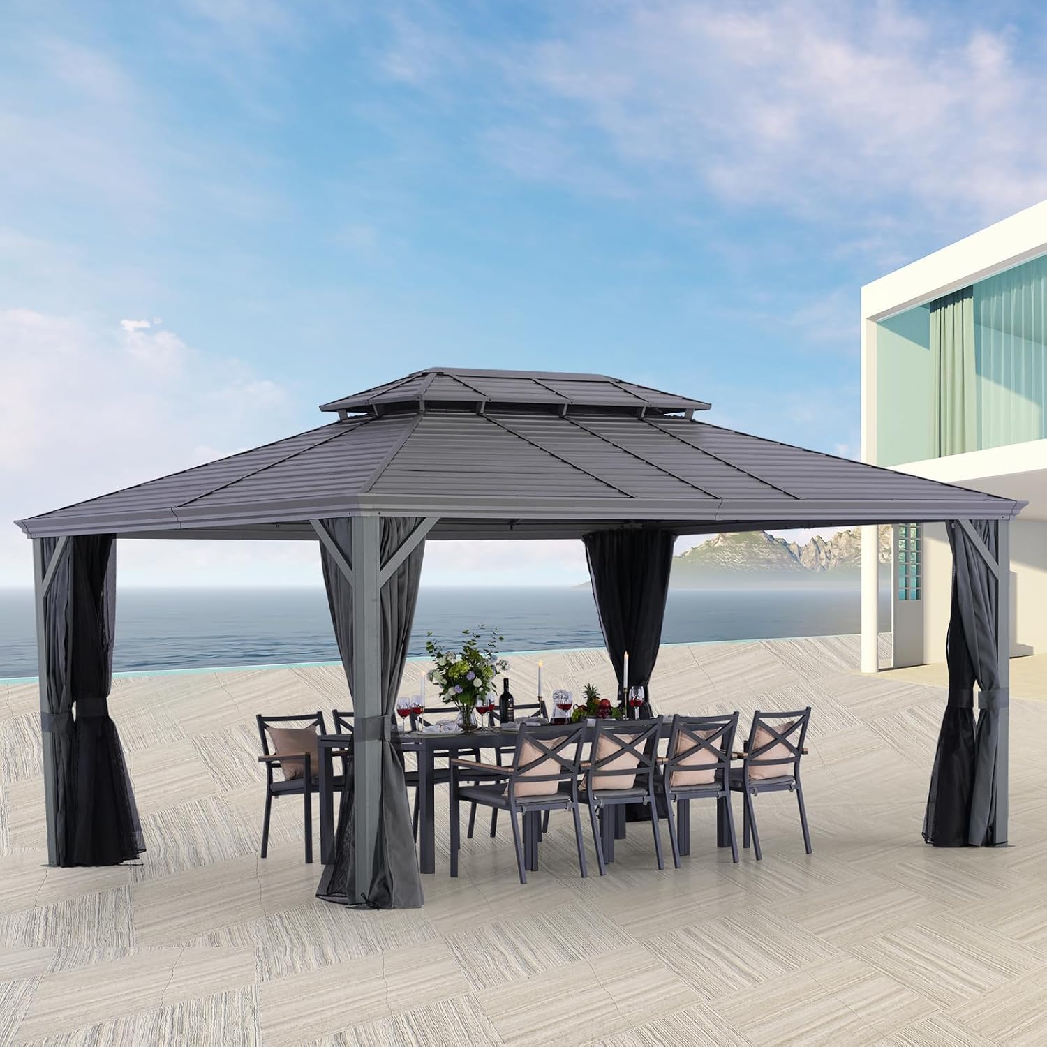 LeDoasis Nova 12' X 16' Hardtop Gazebo with Breathable Netting & Privacy Curtain, Permanent Hard top Metal Canopy Gazebo with Galvanized Steel Double Roof, for Patio Lawn and Garden