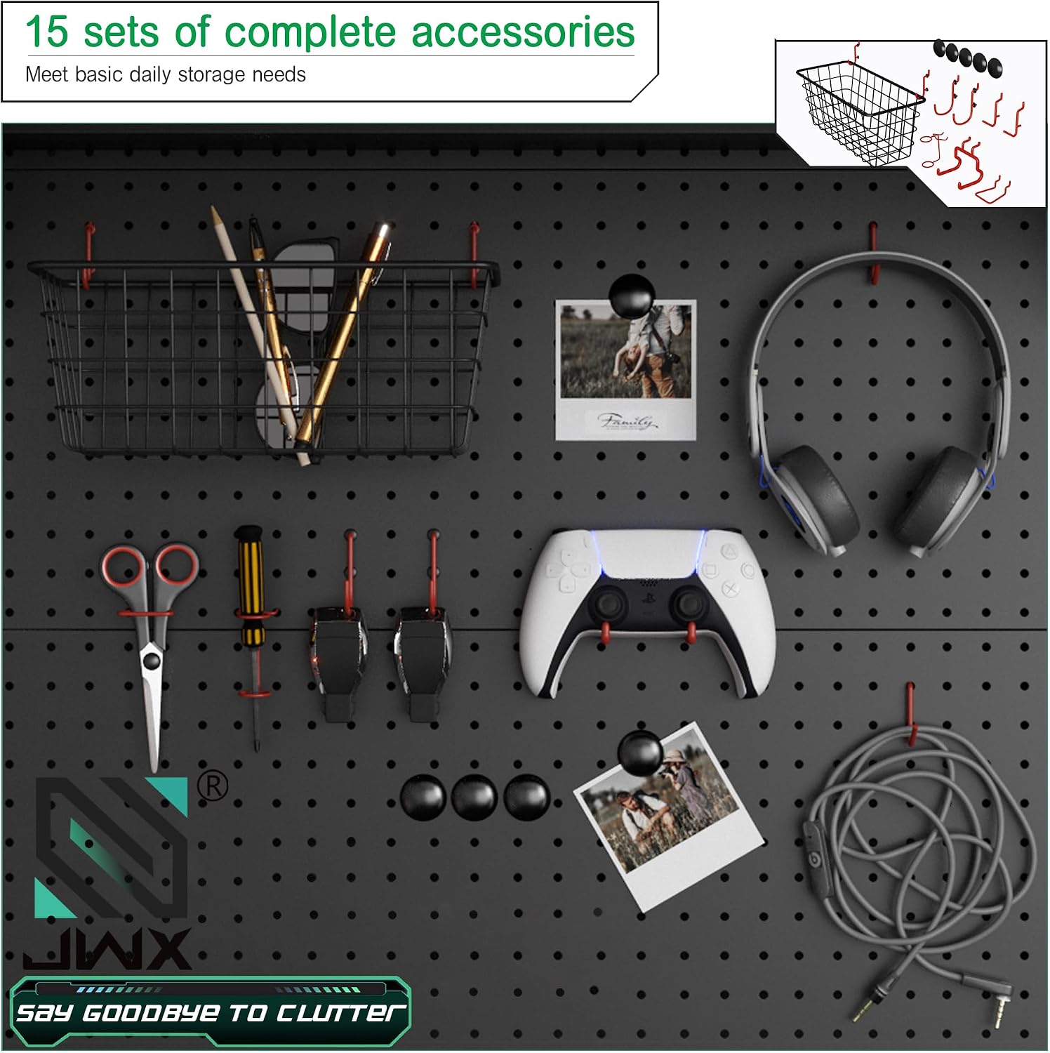 JWX DDB Gaming Standing Shelf Units, 30'' Free Standing Gaming Shelf Pegboard Cabinet with Home Office Metal Pegboard and 15 Pieces Organizer Tool Holders