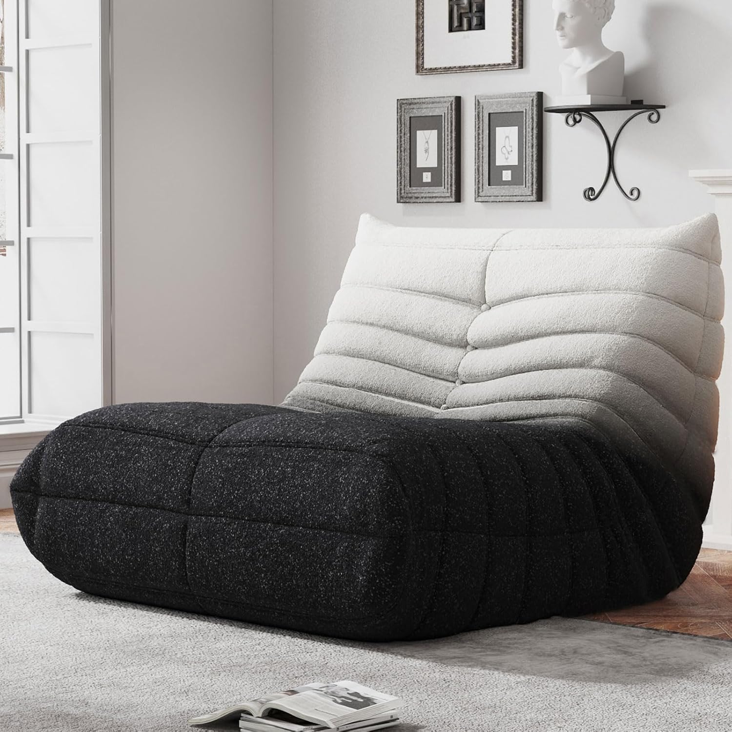WHGBJA Memory Foam Bean Bag Chair for Adults, Teddy Material Beanbag Sofa with Filler, Cozy Floor Lounge Seat for Living Room, Bedroom, Dorm, Office (Black White)
