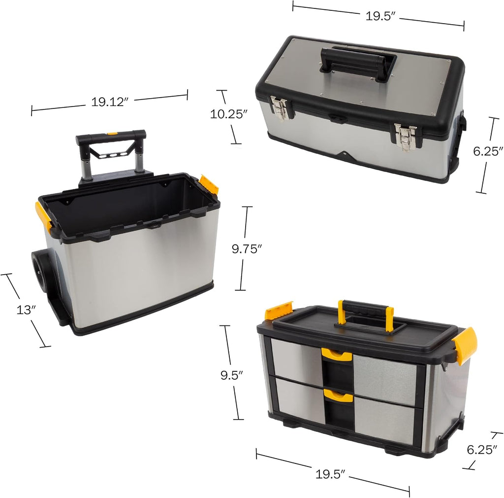 3-Part Portable Tool Box - Stainless-Steel Drawer Organizer with Wheels, Extendable Handle and Tough Latches - Rolling Tool Chest by Stalwart (Silver)