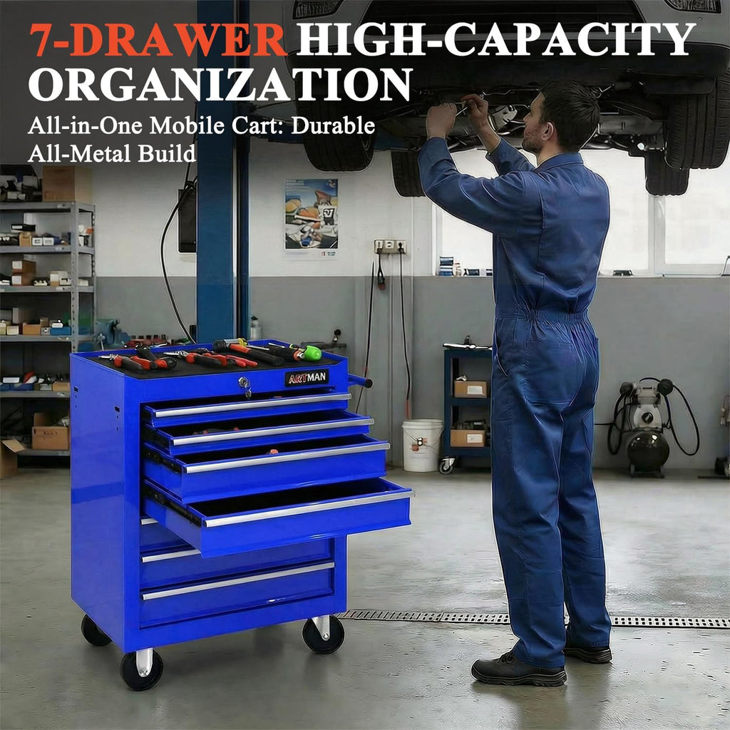 7 Drawers Tool Cart on Wheels, Multifunctional Rolling Tool Chest Tool Storage, Drawers Rolling Tool Trolley Organizer Tool Case for Garage,Warehouse,Workshop,Repair Shop (7 Drawers-Blue)