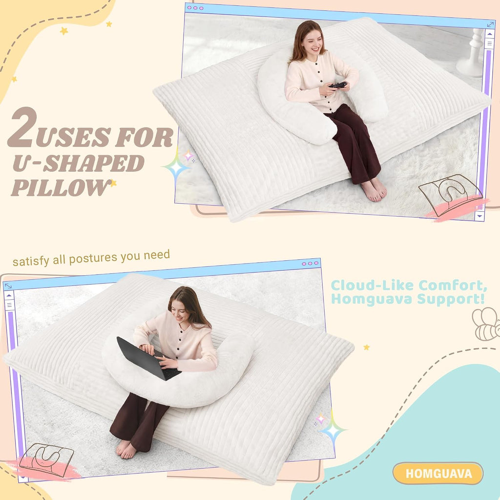 Homguava Giant Bean Bag Chair for Adults with Pillow, 4 in 1 Convertible Floor Cushion for Adluts, Memory Foamed Bean Bag Lounger with Washable Cover for Living Room, Bedroom