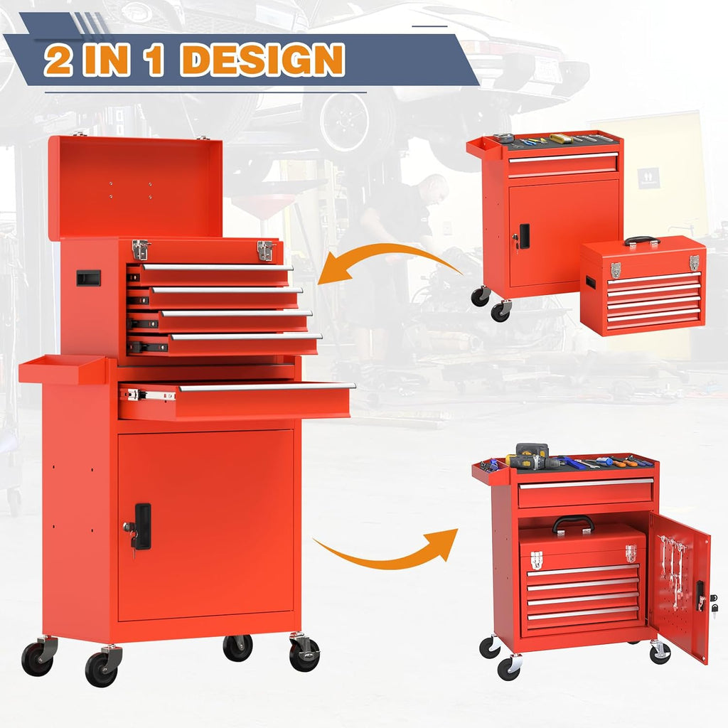 Tool Chest, 5-Drawer Rolling Tool Chest with Detachable Top Tool Box, Tool Box with Wheels, Tool Storage Cabinet for Garage Warehouse Workshop (Red)