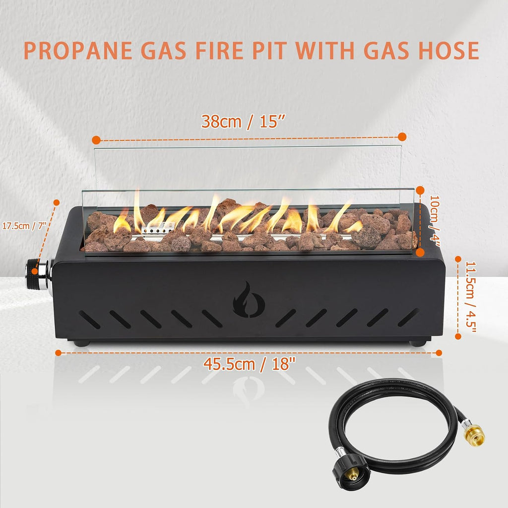 18' Tabletop Propane Gas Fire Pit Bottom-mounted for Table with Umbrella Hole, Portable Smokeless Firepit with Glass Wind Guard for Patio Backyard Camping RV Tailgating, #FP027