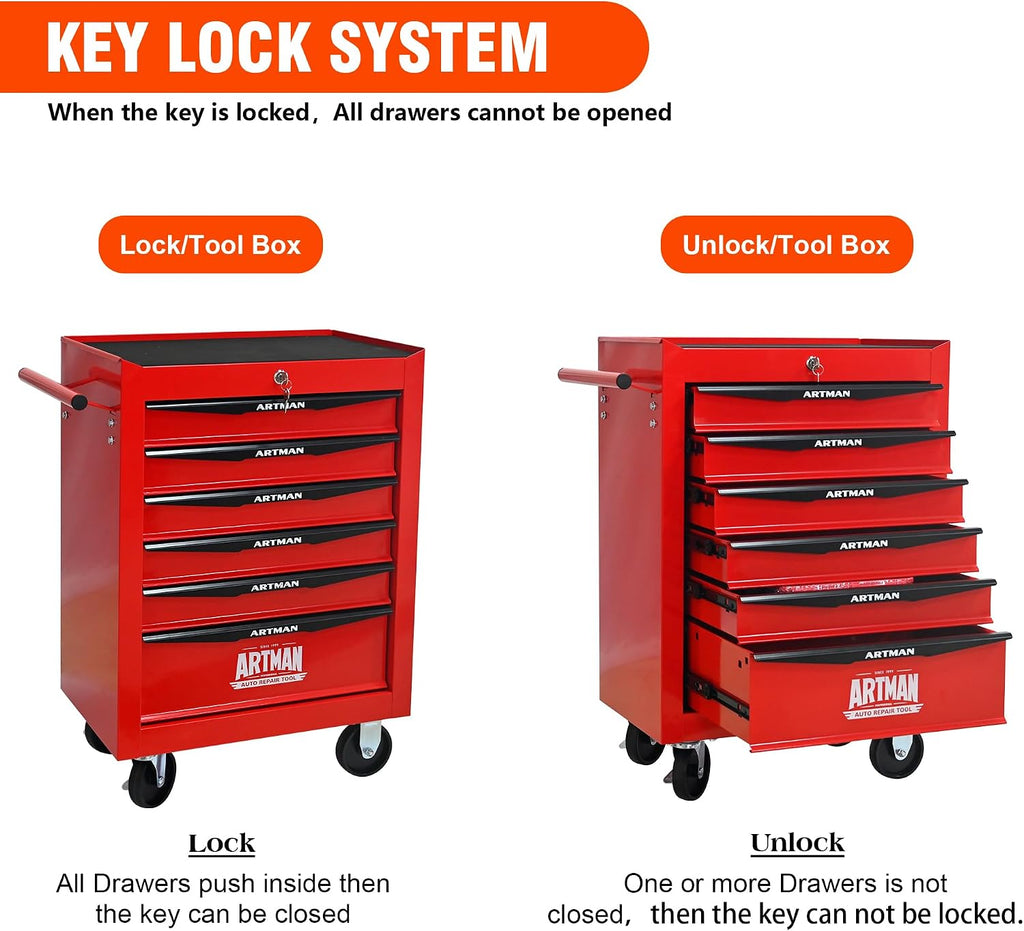 6 Drawers Rolling Tool Box on Wheels, Multifunctional Tool Chest Cabinet with Lock, Drawers Rolling Tool Cart Trolley Organizer Tool Storage Case for Warehouse,Garage,Workshop (Red)
