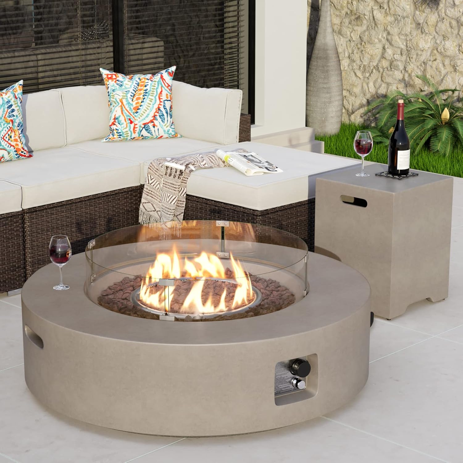 COSIEST 2-Piece Outdoor Propane Firepit Table Set w Tank Table, 42' Fire Table Certified, 50,000 BTU w Gray Round Base,Wind Guard and 16 inches Tank Side Table 20lb for Garden,Pool