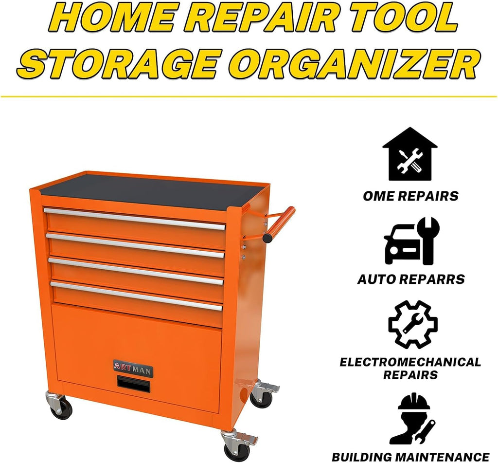 4-Drawer Heavy-Duty Rolling Tool Chest with Wheels, Steel Storage Organizer Cart with Handle, Metal Tool Cabinet for Garage, Workshop, and Repair Shop
