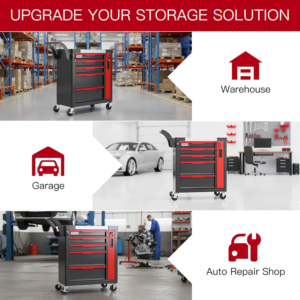 Tool Chest 5-Drawer | Rolling Tool Chest with Wheels/Side Drawer | Drawers Integrated Lockable | Tool Cart/Cabinet with Drawers for Garage Storage,Workshop | Safety Rounded Corner Anti-collision | Red