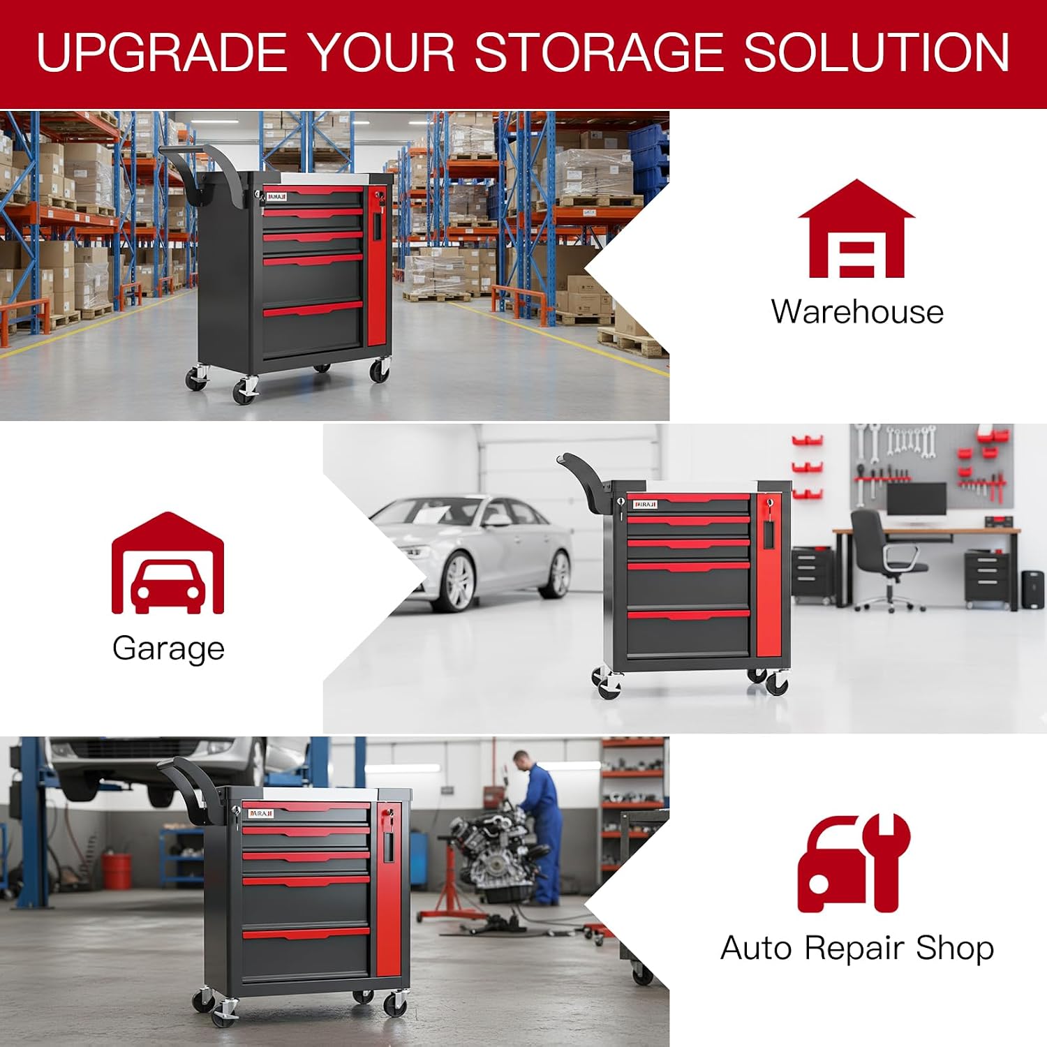 Tool Chest 5-Drawer | Rolling Tool Chest with Wheels/Side Drawer | Drawers Integrated Lockable | Tool Cart/Cabinet with Drawers for Garage Storage,Workshop | Safety Rounded Corner Anti-collision | Red