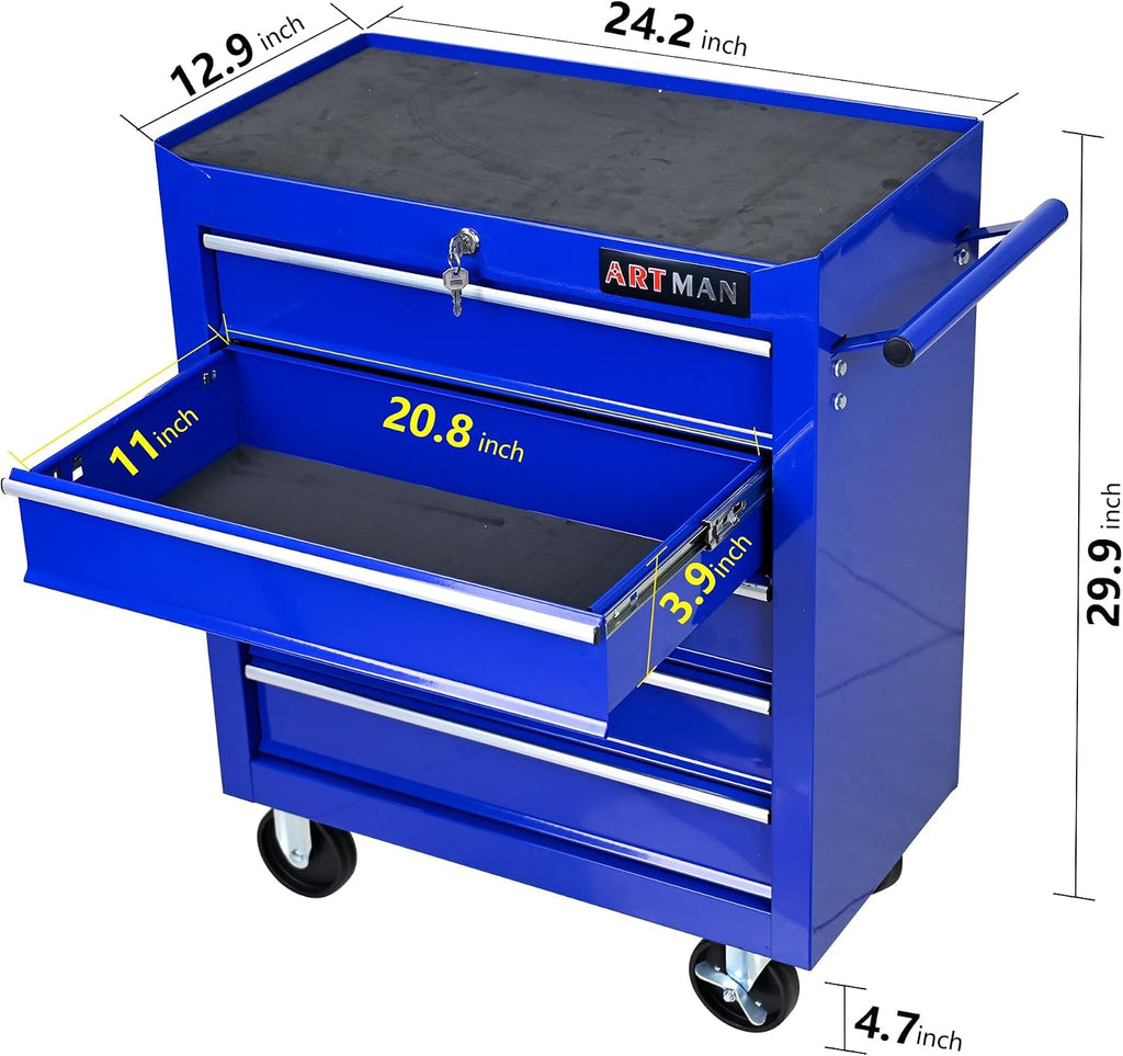 5-Drawer Heavy-Duty Rolling Tool Chest with Wheels, Steel Storage Organizer Cart with Handle, Metal Tool Cabinet for Garage, Workshop, and Repair Shop