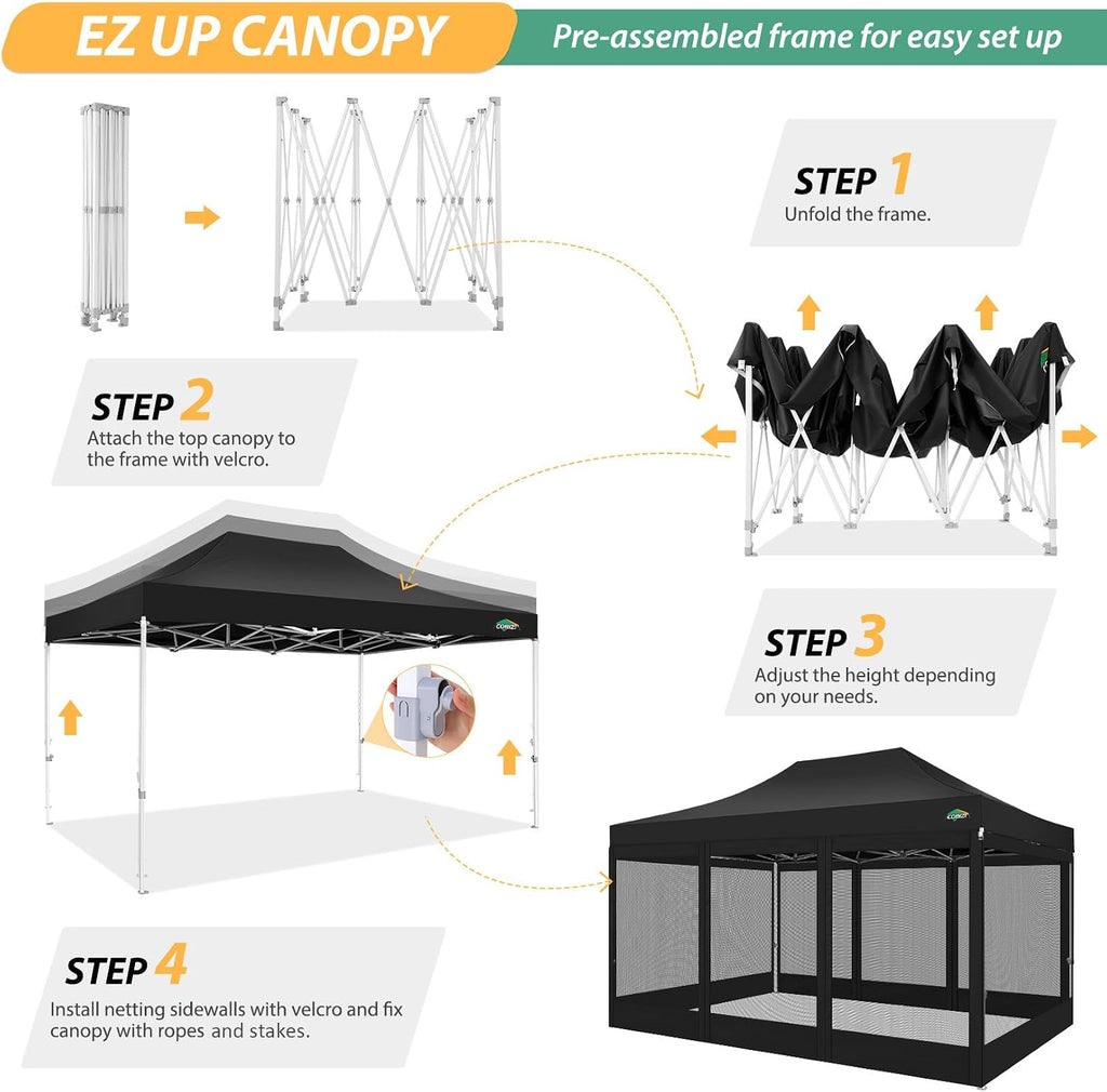 COBIZI 10x15 Heavy Duty Pop up Canopy with 4 Sidewalls, Canopy Tent with Mosquito Netting, Easy up Screen Party Tents for Parties Wedding Patio Backyard Commercial Gazebo with Handbag, Black