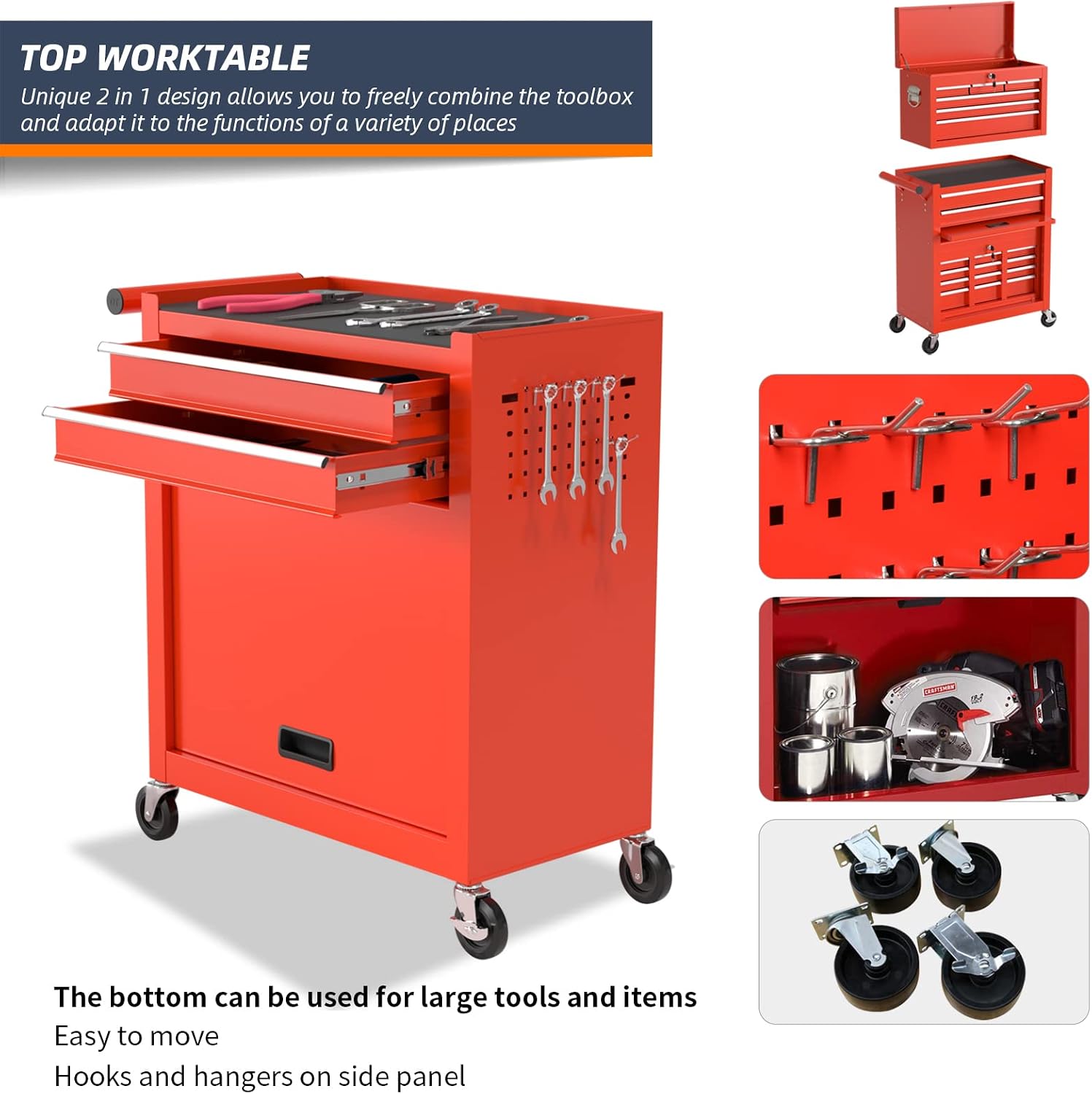 8-Drawer Rolling Tool Box, Lockable Rolling Tool Chest with Wheels and Drawers, 2 in 1 Large Capacity Storage Tool Cabinet for Warehouse, Garage, Tool Room and Repair Shop (Red)