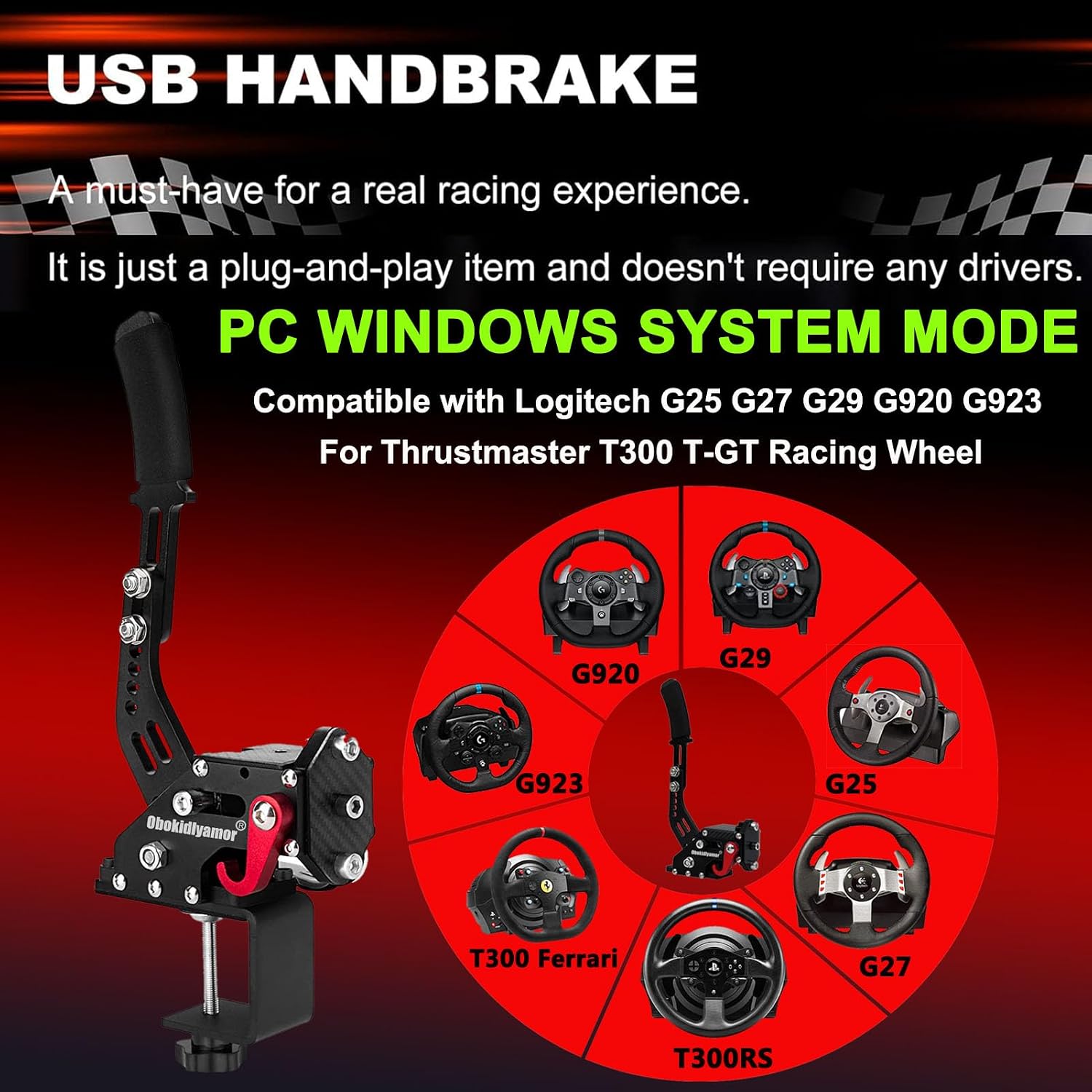 Obokidly Upgrade USB Handbrake Support G923(Advanced G920) Compatible With XBOX ONE/XBOX ONE S AND PC For Sim racing Game Sim Rig With Clamp (Black-3)