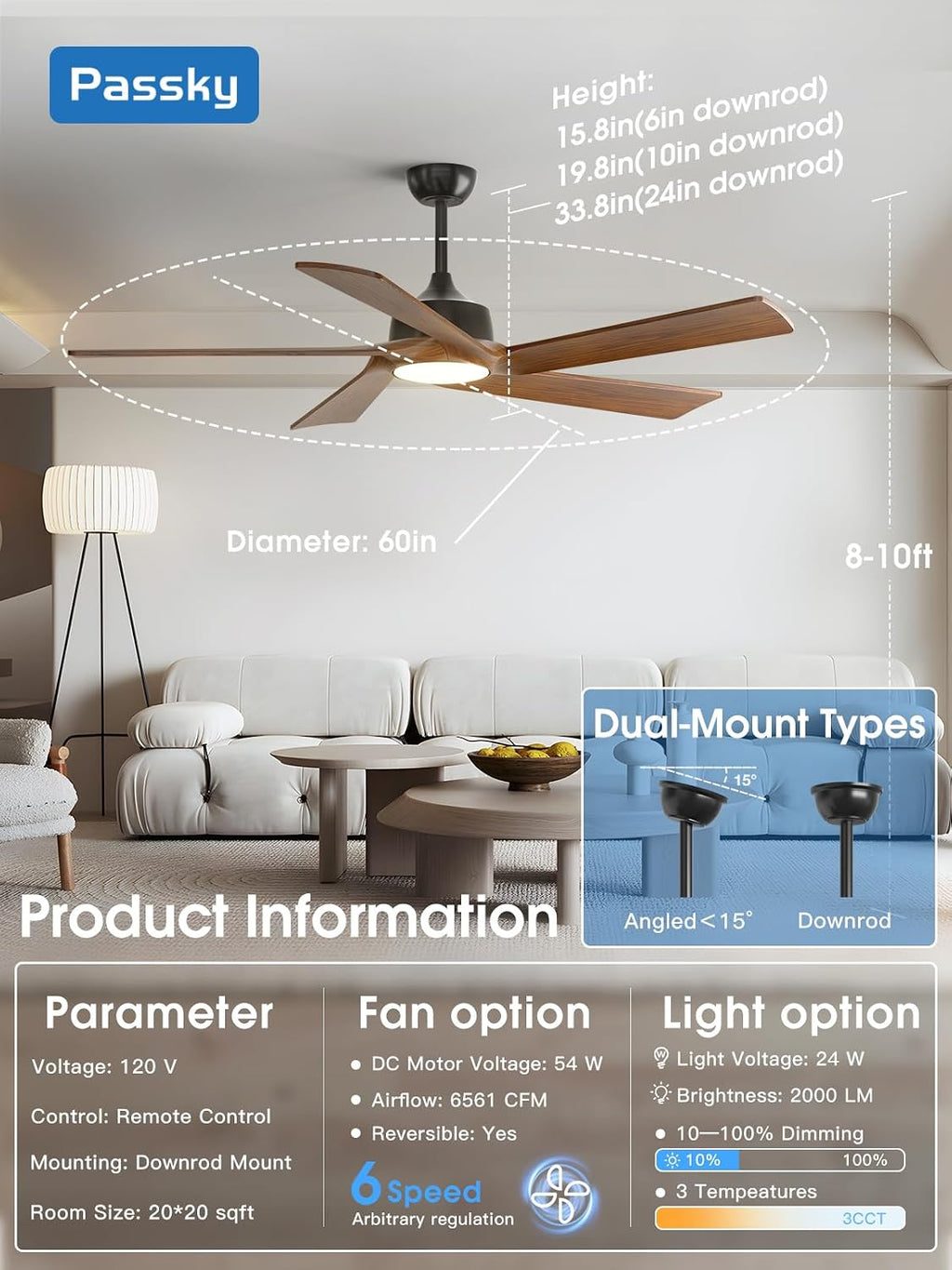 Passky Ceiling Fans with Lights and Remote, 60 inch Walnut Wood 5 Blades Ceiling Fan, Reversible, 3CCT, Dimmable, Noiseless, 6 Speeds Ceiling Fans for Bedroom Living Room Farmhouse Gazebo Patio