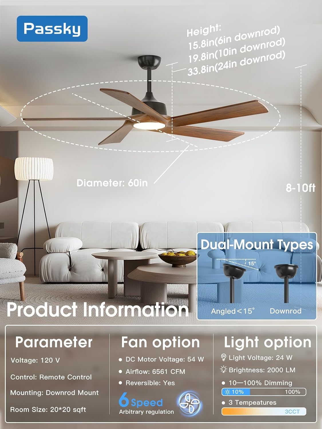 Passky Ceiling Fans with Lights and Remote, 60 inch Walnut Wood 5 Blades Ceiling Fan, Reversible, 3CCT, Dimmable, Noiseless, 6 Speeds Ceiling Fans for Bedroom Living Room Farmhouse Gazebo Patio